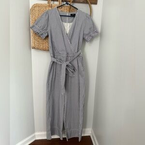 J. Crew ruffle stretch cotton poplin striped wideleg cropped jumpsuit 25” inseam